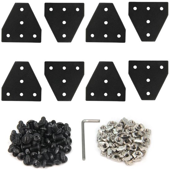 2020, T-vorm, 5-gaats, 90 graden buitenverbindingsplaat met M5 x 8 mm schroeven en T-moeren voor 20 x 20 mm serie aluminium extrusieprofiel, 8 stuks/pak (zwart-2020 T-vorm)