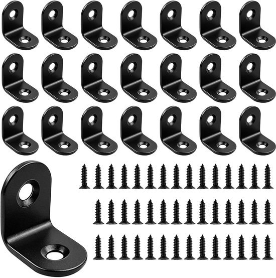 22 stuks hoekverbinders, 20 × 20 mm, zwart roestvrij staal, hoekhoeken, metalen hoek, 90 graden, L-vorm, meubelhoek, roestvrij stalen hoek, klein, met 44 schroeven, voor aanbouwhoek, beugel