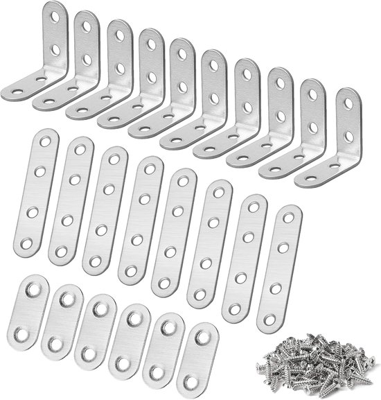 24 Stks Hoekverbinders Roestvrij Staal, 90 Graden Hoekklemmen Metalen Plankdrager Hoek Beugelroestvrijstalen Platte Verbindingsstukken Platte Hoekbeugel met 84 Schroeven(Zilver)