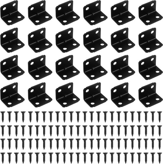 24 Stuks Hoekbeugels,Zwart 23 × 23 × 30 mm 90 Graden Haakse Beugel met 96 Schroeven,L-Vormige Balkhoek,Hoekverbinder,Hoek L-Beugels,Metalen Hoekbeugel voor Het Bevestigen en Repareren van Meubels