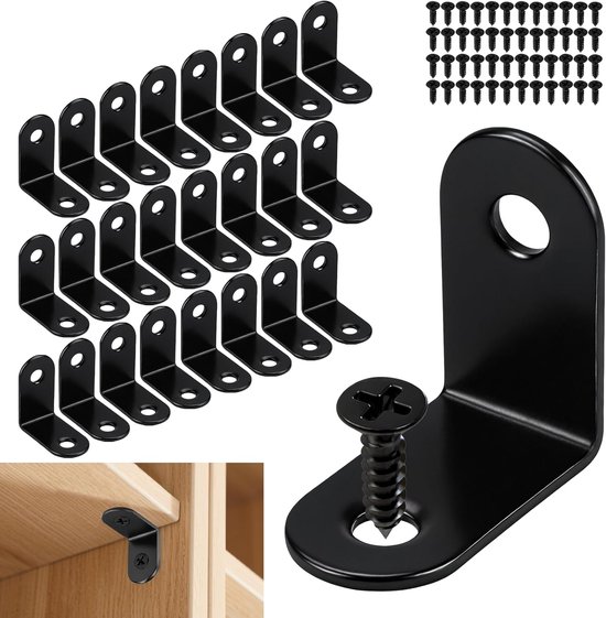 24 stuks hoekverbinders, zwart, 30 x 30 x 16 mm, hoek, zwart, roestvrij staal, hoek, klein, 90 graden, metalen hoek met schroef, meubelhoek voor hout, meubels, tafels, stoelen, kasten