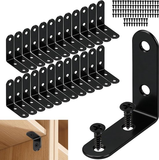 24 stuks hoekverbinders, zwart, 50 x 50 x 16 mm, hoek, zwart, roestvrij staal, hoek, klein, 90 graden, metalen hoek met schroef, meubelhoek voor hout, meubels, tafels, stoelen, kasten