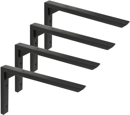 25 cm L-vormige planksteunen, 4-pack muurbeugels van roestvrij staal, zwarte hoeksteunen voor wandmontage, ideaal voor planken en opslag