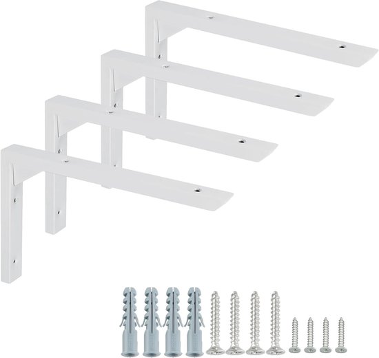 25 cm L-vormige planksteunen, 4-pack wandmontage, roestvrij staal, hoeksteunen voor planken, wit en duurzaam