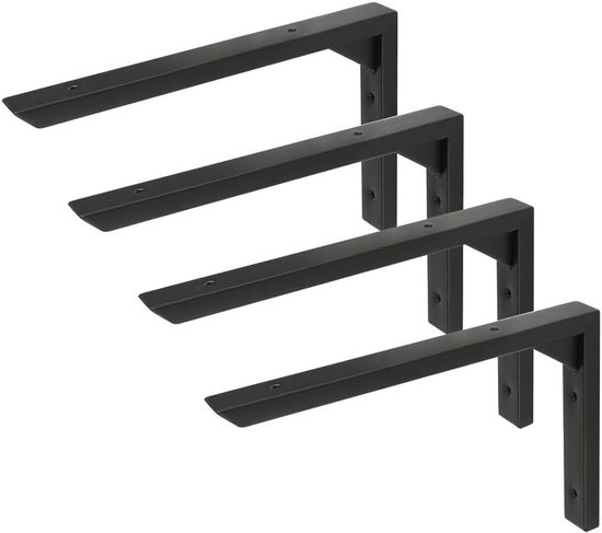 25 cm L-vormige planksteunen, 4 stuks, roestvrij staal, wandmontage, hoeksteunen voor planken met voorgeboorde gaten, zwart, stevig en duurzaam