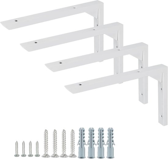 25 cm L-vormige schapsteunen, 4 stuks, roestvrijstalen wandmontage, hoeksteunen voor schappen, wit en duurzaam