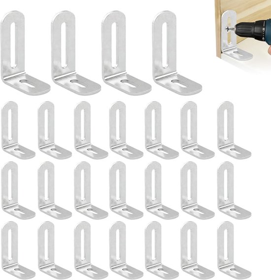 25 stuks verstelbare L-vormige hoeksteunen, 30 x 50 x 19 mm, roestvrij staal, lange gaten voor 90 graden bevestiging, ideaal voor houten meubels en constructies