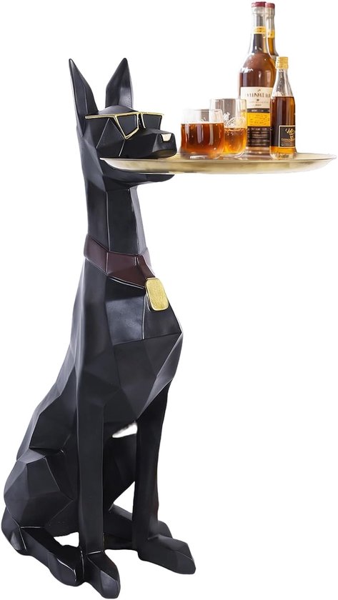 29" geometrische hond accenttafel met dienblad, butler standbeeld, dierlijke bijzettafel voor moderne woondecoratie, hondenbutlerstandbeeld met dienblad, dieraccenttafel voor woonkamer, slaapkamer
