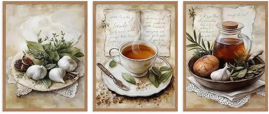 3-delig Vintage Rustieke Keuken Wandkunst, Knoflook Kruiden Thee & Boek Afbeeldingen voor Thuis Eetkamer Restaurant Decor 30x40 cm Niet Ingelijst