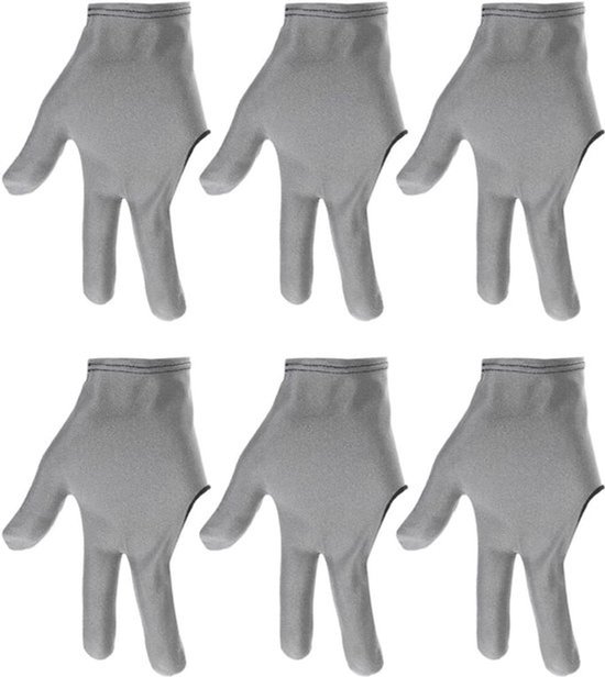 3 Fingers zwembadhandschoenen, 6 stuks ademende biljarthandschoenen, links en rechts, showhandschoenen voor shooter, carambole zwembad, snooker keu sport, grijs