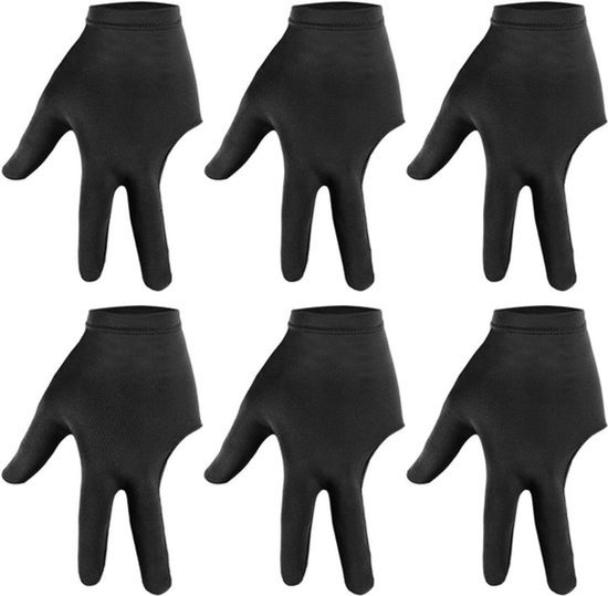 3 Fingers zwembadhandschoenen, 6 stuks ademende biljarthandschoenen, shooter snooker keu handschoen voor links en rechts, mannen/vrouwen, carambole sport, zwart