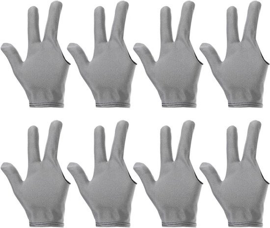 3 Fingers zwembadhandschoenen, 8 stuks ademende biljarthandschoenen, links en rechts, showhandschoenen voor shooter, carambole zwembad, snooker keu sport, grijs