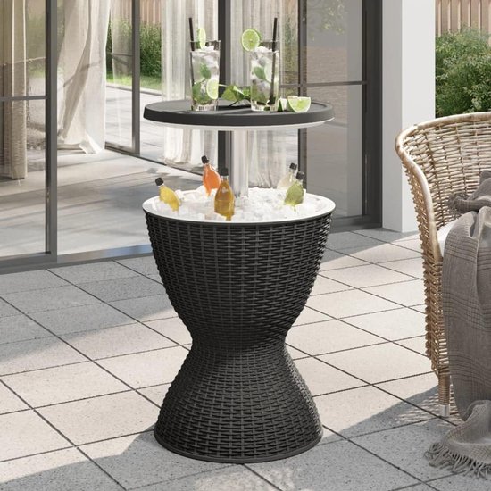 3-in-1 tafel met ijskoeler, zwart, polypropyleen, tuinmeubelen, rotan-look, koelbox, cocktailtafel, salontafel, bijzettafel voor barbecue- en tuinfeesten, outdoor-evenementen