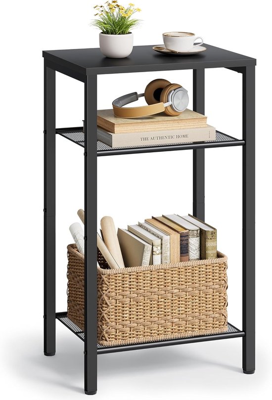 3-laags bijzettafel, telefoontafel, hoge bijzettafel met opslag, klein nachtkastje voor kleine ruimtes, metalen frame, voor woonkamer, slaapkamer, bank, hal, eenvoudige montage, zwart