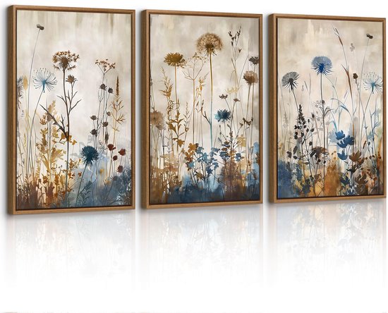 3 Stks Minimalistische Planten Paardenbloem Ingelijst Canvas Muurkunst Set, Blauw Bruine Bloemen Botanische Muurdecoratie Noorse Rustieke Stijl Muurschildering Kunst Afdrukken Foto's voor Woonkamer