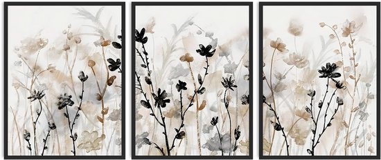 3 Stuks Aquarel Wilde Bloemen Wanddecoratie Set, Neutrale Tinten Bloemen Posters Voor Woonkamer Slaapkamer 30x40 Cm Zonder Lijst
