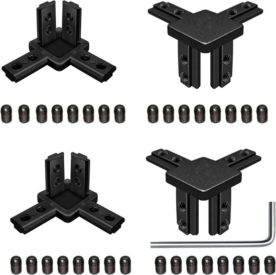 3-weg hoekverbinder voor 40x40 aluminium extrusieprofiel, zilver, Europese standaard, set van 4 met schroeven (zwart, 4 stuks)
