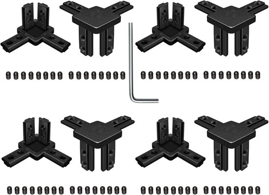 3-weg hoekverbinder voor 40x40 aluminium extrusieprofiel, zilver, Europese standaard, set van 4 met schroeven (zwart, 8 stuks)