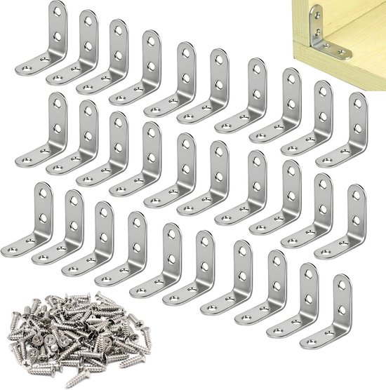30 stuks hoekverbindingen, 40 x 40 mm roestvrij stalen hoekklemmen, 90 graden stalen hoek, meubelklemmen met schroeven voor meubelbevestigingen