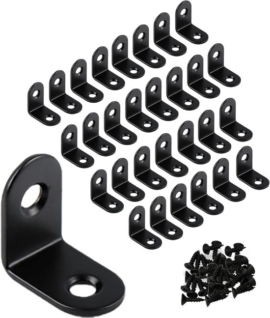 30 stuks L-houders, hoekhouders, 30 mm, metaal, hoekhouder, 90 graden rechte hoek voor planken, stoel, tafels, kasten, houten meubels, 60 stuks schroeven (30 mm, zwart)