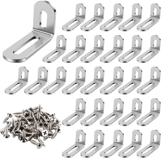 30 stuks roestvrijstalen metalen hoek, 32 x 50 x 19 mm, wandbeugel in L-vorm, voor bevestiging en reparatie van meubels, timmermanshoek, eenvoudige en robuuste installatie