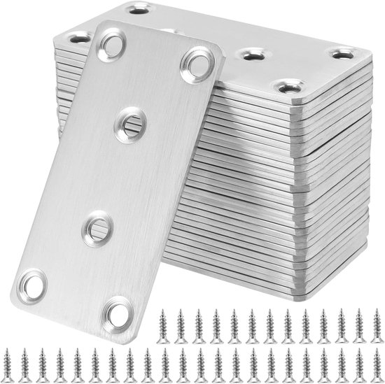 30 stuks roestvrijstalen platte connectoren, 80 x 40 x 2 mm, zilverkleurige metalen geperforeerde plaat met 6 gaten, stabiele houten connector voor stoelen, tafels, kasten, hekpalen