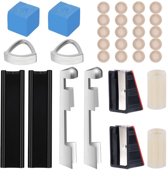 32-delige reparatieset voor poolkeuen met 2 clubtipclips, 20 clubtips, 2 shapers, 2 krijtblokjes, 2 hulzen, 2 schaafmachines, voor reserveonderdelen voor biljartkeuen van Merkloos