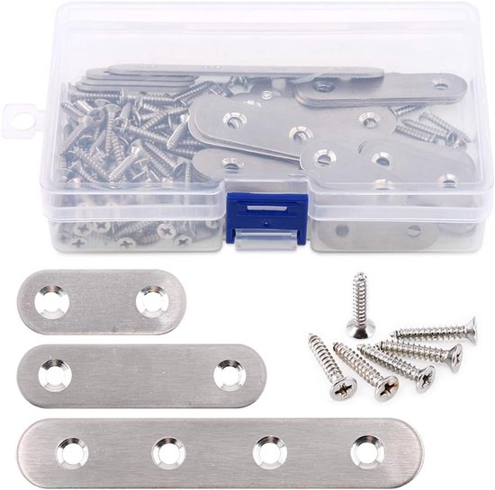 35-delige 4,1 cm/ 6,1 cm/ 10,2 cm roestvrijstalen platte rechte haakbeugels voor montage en reparatie, inclusief 80 stuks schroeven, totaal 115 stuks, zilver