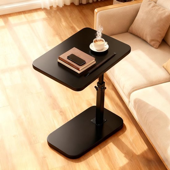 360° draaibare bijzettafel, C-vorm, in hoogte verstelbaar, nachtkastje, koffietafel met metalen frame, ruimtebesparend voor kleine ruimtes, met houder voor smartphone en tablet (zwart)