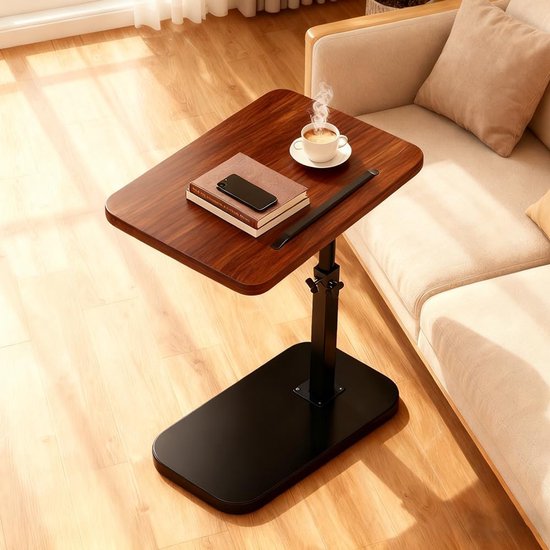 360° draaibare bijzettafel, C-vorm, in hoogte verstelbaar, nachtkastje, koffietafel, salontafel met metalen frame, ruimtebesparend voor kleine ruimtes, met houder voor smartphone en tablet