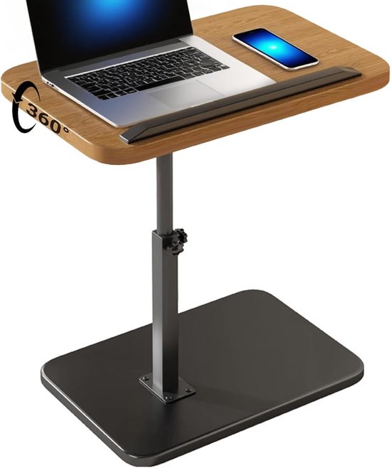 360° draaibare in hoogte verstelbare bijzettafel, kantelbare C-tafel, mobiel en praktisch, ruimtebesparend, voor bank, bed, ideaal voor snacks, laptop, kleine ruimtes (houtkleur)