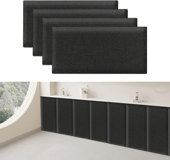 3D Wandpanelen van Katoen en Linnen - Zelfklevende Anti-Collisie Bedkopsteun - Zwart 40x20cm - Ideaal voor Geluiddemping en Wanddecoratie