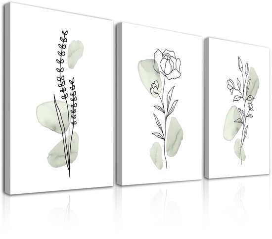3Pcs Ingelijste Abstracte Botanische Kunst Aan de Muur Decor, Minimalistische Salie Groene Bloem Lijn Canvas Kunst Aan de Muur voor Slaapkamer Woonkamer Decor 12x16 dium