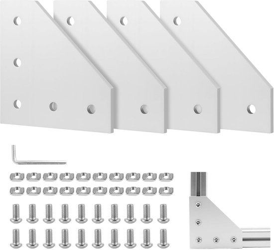 4-delige hoekhouder, verbindingsplaat aluminium profiel, 40 x 40, hoekhouderplaat, buitenprofiel, L-profiel, aluminium profiel met moeren, schroeven, moersleutel voor 9 mm sleuf, aluminium