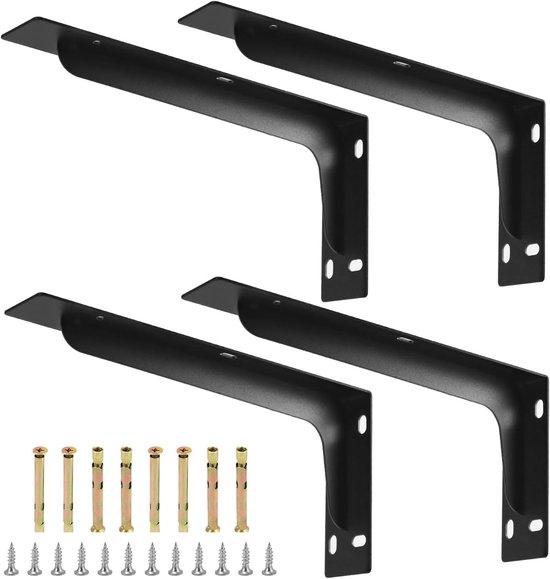 4-delige metalen wandplanken steunen - Hoeksteun 90 graden - Stevige staalconstructie - 290 x 145 mm - Draagvermogen tot 120 kg - Zwart matte afwerking - Perfect voor boekenplanken en decoratie