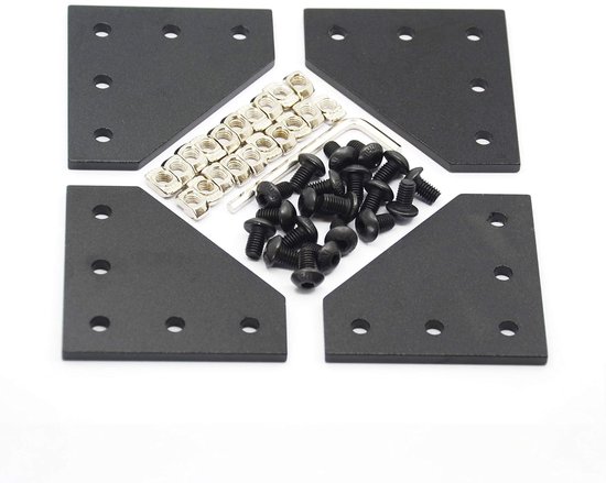 4 Stks/set Hoekbeugelplaat met 20 stuks M5 x 8 mm schroeven en 20 stuks M5 T-moeren, 5-gaats T-stuk buiten verbindingsplaat voor 2020-serie aluminium profiel 3D-printerframe (zwart L-4 met