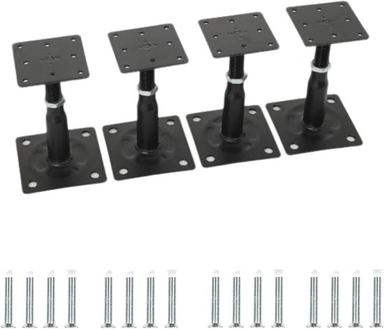 4 stuks in hoogte verstelbare paaldragers, 100-150 mm, zwarte steunvoet, verstelbare paalvoet van koolstofstaal met schroeven, paalsteun, zwart, voor hekken, carports, pergola's