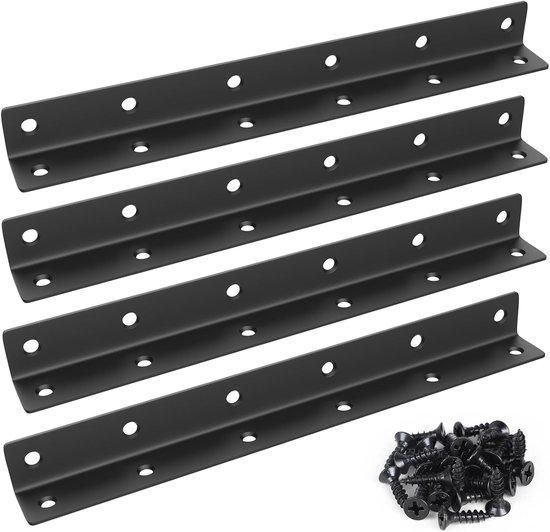 4 stuks L-vormige hoekverbinders, zwart, 275 x 27 x 27 mm, 90 graden hoekverbinders, roestvrij staal, hoekhouder met 48 schroeven, L-houder voor versteviging, reparatie, tafel, kasten