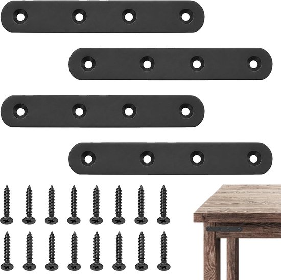 4 stuks platte verbinders, zwart, premium roestvrij stalen houtverbinders, metalen gatenplaat, robuuste platte ijzeren verbinders, metaal met schroeven voor meubels, planken en hout (125 x