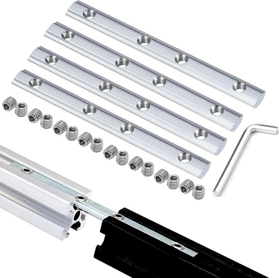 4 stuks rechte lijn spoorconnectoren met schroeven, L-type sleutel, 180 mm aluminium extrusieprofielverbinding binnen connectoren rechte lijnconnector voor 3030-serie T-sleuf 8 mm aluminium
