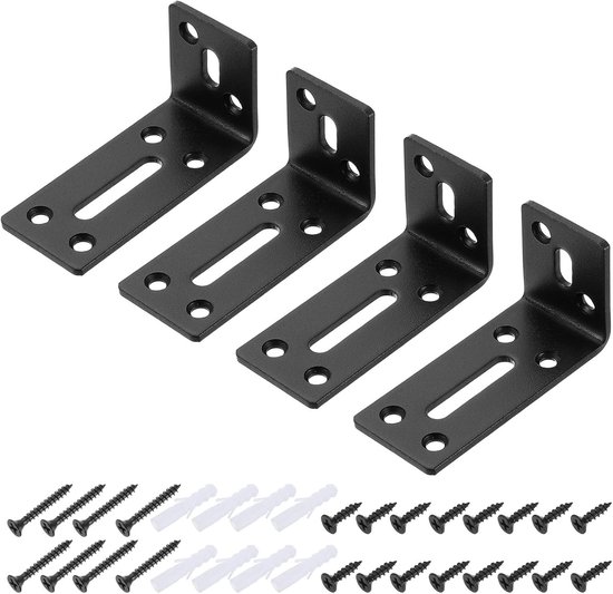 4 stuks verstelbare L-vormige hoekhoeken, 40 x 80 x 35 mm, L-hoekhoek, sleufverbinder, rechte hoek, houder met schroeven, meubels, houten planken, kastrek, zwart