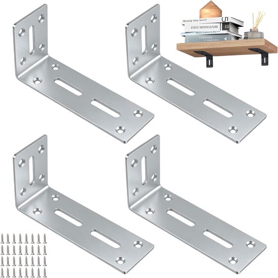 4 stuks verstelhoek 180 x 90 mm, L-vorm 90° verdikte hoekverbinder, verstelbare bevestigingshoek met 3 lange gaten, zilveren gatenhoek, voor kasten en tafels