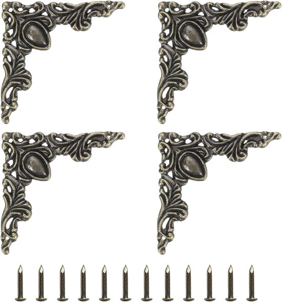 4 stuks vintage hoekhoeken, 5 x 5 cm, metalen hoekbeschermers voor bureau, zinklegering, decoratieve randafdekking met montagehaak voor meubels, juwelendoos, geschenkdoos, brons