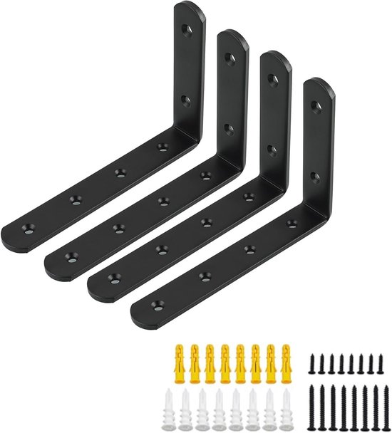 4 Stuks Zwarte Stevige Hoekbeugels voor Planken - Metalen L-vormige Steun voor Muurmontage en Hangende Items, 15x10x2.5CM van Merkloos