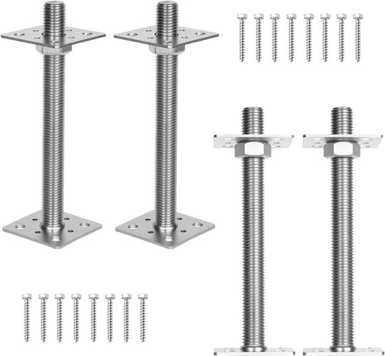 4 x in hoogte verstelbare paaldragers, 80 x 80 x 250 mm, zilver, thermisch verzinkte steunpoot, bodemplaat om vast te schroeven, voor carport, pergola, omheining