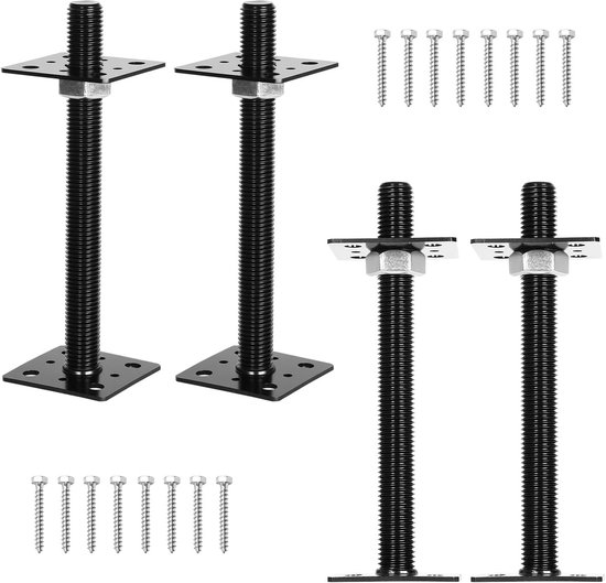 4 x in hoogte verstelbare paaldragers, 80 x 80 x 250 mm, zwart, thermisch verzinkte steunpoot, bodemplaat om vast te schroeven voor carport, pergola, omheining