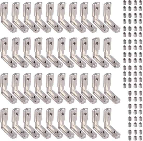 40 stuks 25x25mm T-sleuf 2020 aluminium profiel met 6 mm groef, zinklegering L-vormige beugels 90 graden interieur connector voor stoel boekenplank board raam meubels