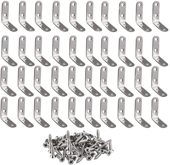 40 stuks hoekbeugel roestvrij staal L-beugels 50mm x 50mm zware plankbeugel 90 graden haakse gewrichtsbeugel sluiting met schroeven voor planken houten dozen meubels, zilver