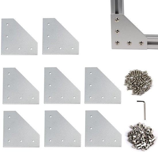 4040 Hoekbeugel Plaat L Vorm 5 Gat 90 Graden Buiten Verbindingsplaat met M6x16mm Schroeven en T-Moeren voor 40 x 40mm Serie Aluminium Extrusieprofiel, 8pcs/Pack (Zilver-4040 L Vorm)