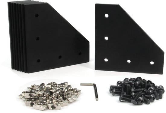 4040 Hoekbeugel Plaat L Vorm 5 Gat 90 Graden Buiten Verbindingsplaat met M6x16mm Schroeven en T-Moeren voor 40 x 40mm Serie Aluminium Extrusieprofiel, 8pcs/Pack (Zwart-4040 L Vorm)